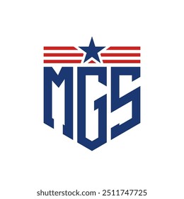 Logotipo patriótico de MGS con correas de estrella y bandera estadounidense. Letra MGS Logo con bandera de EE.UU.