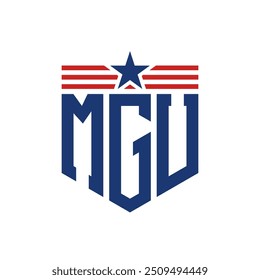 Logotipo patriótico de MGU con correas de estrella y bandera estadounidense. Letra MGU Logo con bandera de Estados Unidos