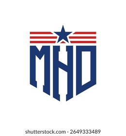 Logotipo Patriotic MHD com Correias de Bandeira Estrela e Americana. Logotipo Carta MHD com Bandeira dos EUA