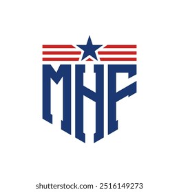 Logotipo patriótico de MHF con correas de estrella y bandera estadounidense. Logo de la letra MHF con bandera de Estados Unidos