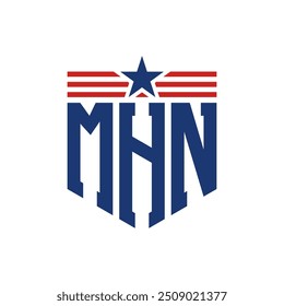 Logotipo patriótico de MHN con correas de estrella y bandera estadounidense. Letra MHN Logo con bandera de Estados Unidos