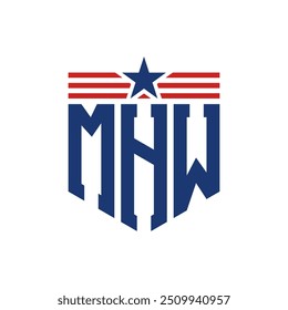 Logotipo patriótico de MHW con correas de estrella y bandera estadounidense. Letra MHW Logo con bandera de Estados Unidos