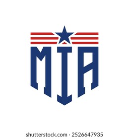 Logotipo patriótico de MIA con correas de estrella y bandera estadounidense. Letra MIA Logo con bandera de Estados Unidos