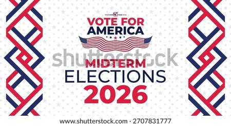 Patriotic midterm banner with ribbon pattern, stars, stripes, and bold Vote for America 2026 typography ideal for political campaigns and promotional materials.