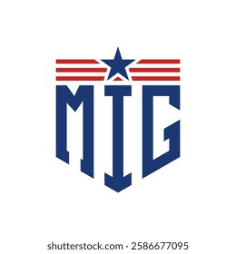 Patriotic MIG Logo with Star and American Flag Straps. Letter MIG Logo with USA Flag