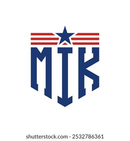 Logotipo patriótico de MIK con correas de estrella y bandera estadounidense. Letra MIK Logo con bandera de Estados Unidos