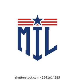 Patriotisches MIL Logo mit Stern und amerikanischen Flaggenriemen. Letter MIL Logo mit USA Flag