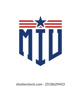 Logotipo patriótico de MIU con correas de estrella y bandera estadounidense. Letra MIU Logo con bandera de Estados Unidos