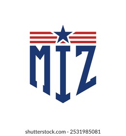 Logotipo patriótico de MIZ con correas de estrella y bandera estadounidense. Letra MIZ Logo con bandera de Estados Unidos