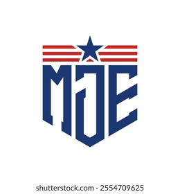 Patriotic MJE Logo with Star and American Flag Straps. Letter MJE Logo with USA Flag