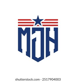 Logotipo patriótico de MJH con correas de estrella y bandera estadounidense. Letra MJH Logo con bandera de Estados Unidos