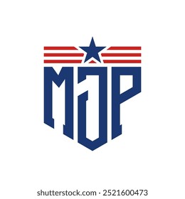 Logotipo patriótico de MJP con correas de estrella y bandera estadounidense. Letra MJP Logo con bandera de EE.UU.