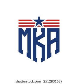 Logotipo patriótico de MKA con correas de estrella y bandera estadounidense. Letra MKA Logo con bandera de Estados Unidos