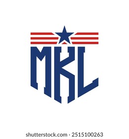 Logotipo patriótico de MKL con correas de estrella y bandera estadounidense. Letra MKL Logo con bandera de Estados Unidos