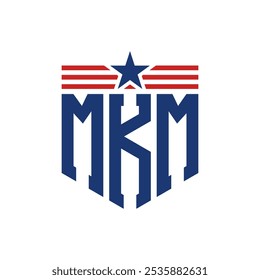 Logotipo patriótico de MKM con correas de estrella y bandera estadounidense. Letra MKM Logo con bandera de Estados Unidos