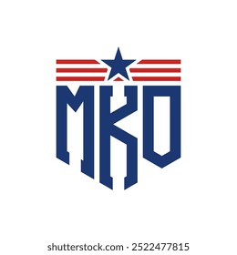 Logotipo patriótico de MKO con correas de estrella y bandera estadounidense. Letra MKO Logo con bandera de Estados Unidos