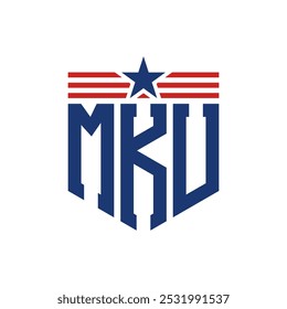 Logotipo patriótico de MKU con correas de estrella y bandera estadounidense. Logo de la letra MKU con bandera de Estados Unidos