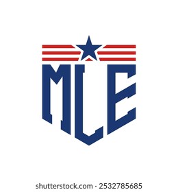 Logotipo patriótico de MLE con correas de estrella y bandera estadounidense. Letra MLE Logo con bandera de Estados Unidos