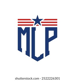 Logotipo patriótico de MLP con correas de estrella y bandera estadounidense. Letra MLP Logo con bandera de Estados Unidos