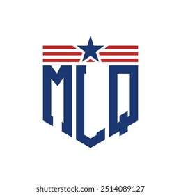 Logotipo patriótico de MLQ con correas de estrella y bandera estadounidense. Letra MLQ Logo con bandera de Estados Unidos