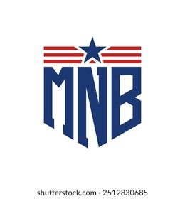 Logotipo patriótico de MNB con correas de estrella y bandera estadounidense. Letra MNB Logo con bandera de Estados Unidos