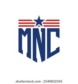 Logotipo patriótico de MNC con correas de estrella y bandera estadounidense. Letra MNC Logo con bandera de Estados Unidos