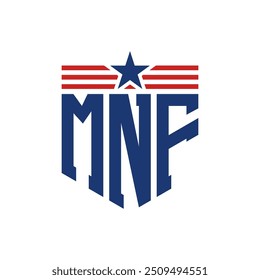 Logotipo patriótico de MNF con correas de estrella y bandera estadounidense. Letra MNF Logo con bandera de EE.UU.