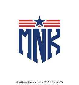 Logotipo patriótico de MNK con correas de estrella y bandera estadounidense. Letra MNK Logo con bandera de Estados Unidos