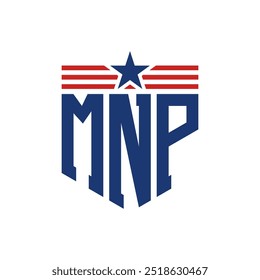 Logotipo patriótico del MNP con correas de estrella y bandera estadounidense. Letra MNP Logo con bandera de Estados Unidos