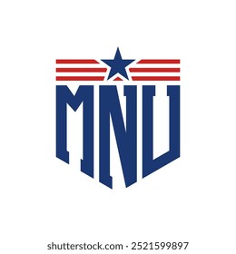 Logotipo patriótico de MNU con correas de estrella y bandera estadounidense. Logo de la letra MNU con bandera de Estados Unidos