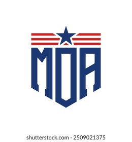 Logotipo patriótico de MOA con correas de estrella y bandera estadounidense. Letra MOA Logo con bandera de Estados Unidos