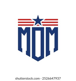 Logotipo patriótico de MOM con correas de estrella y bandera estadounidense. Letra MOM Logo con bandera de EE.UU.