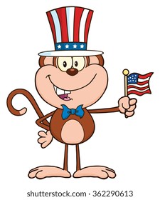 Patriotic Monkey Cartoon Character With Patriotic USA Hat And American Flag. Vector Illustration Isolated On White