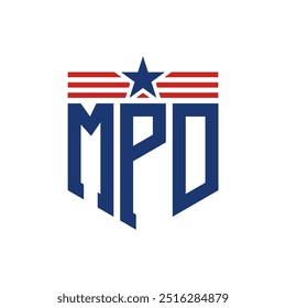 Logotipo patriótico del MPD con correas de estrella y bandera estadounidense. Letra MPD Logo con bandera de EE.UU