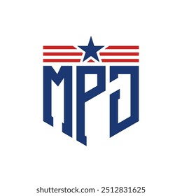 Logotipo patriótico de MPJ con correas de estrella y bandera estadounidense. Letra MPJ Logo con bandera de Estados Unidos