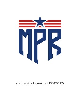 Logotipo patriótico de MPR con correas de estrella y bandera estadounidense. Letra MPR Logo con bandera de Estados Unidos