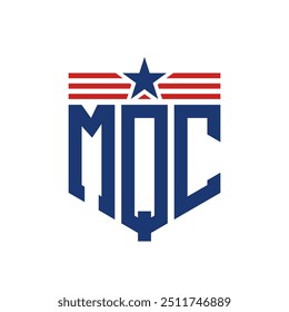 Logotipo patriótico de MQC con correas de estrella y bandera estadounidense. Letra MQC Logo con bandera de Estados Unidos