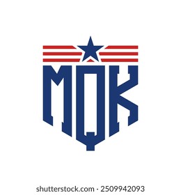 Logotipo patriótico de MQK con correas de estrella y bandera estadounidense. Letra MQK Logo con bandera de Estados Unidos