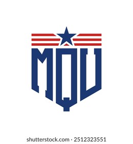 Logotipo patriótico de MQU con correas de estrella y bandera estadounidense. Logo de la letra MQU con bandera de Estados Unidos