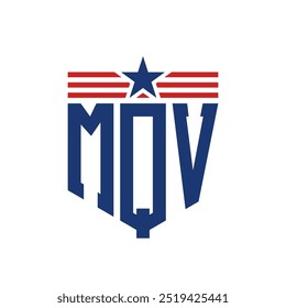 Logotipo patriótico de MQV con correas de estrella y bandera estadounidense. Letra MQV Logo con bandera de Estados Unidos