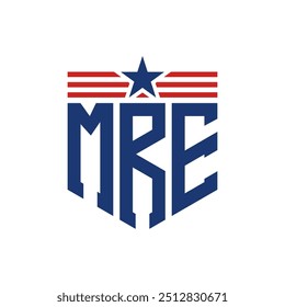 Logotipo patriótico de MRE con correas de estrella y bandera estadounidense. Logo de la letra MRE con bandera de Estados Unidos