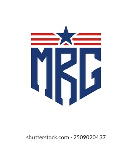 Logotipo patriótico de MRG con correas de estrella y bandera estadounidense. Letra MRG Logo con bandera de Estados Unidos