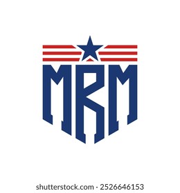 Logotipo patriótico de MRM con correas de estrella y bandera estadounidense. Letra MRM Logo con bandera de EE.UU.