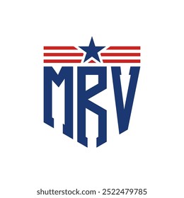 Logotipo patriótico de MRV con correas de estrella y bandera estadounidense. Letra MRV Logo con bandera de Estados Unidos