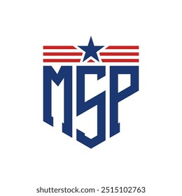 Logotipo patriótico de MSP con correas de estrella y bandera estadounidense. Letra MSP Logo con bandera de Estados Unidos