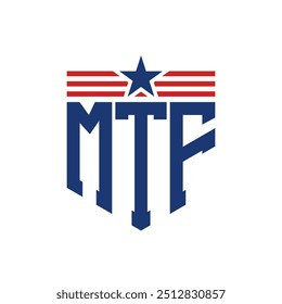 Logotipo patriótico del MTF con correas de estrella y bandera estadounidense. Logotipo de la letra MTF con la bandera de los Estados Unidos