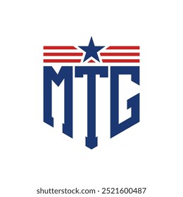 Logotipo patriótico de MTG con correas de estrella y bandera estadounidense. Letra MTG Logo con bandera de Estados Unidos