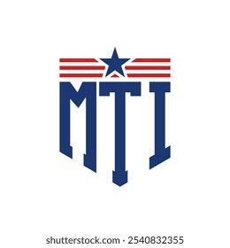 Logotipo patriótico de MTI con correas de estrella y bandera estadounidense. Letra MTI Logo con bandera de Estados Unidos