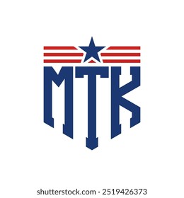 Logotipo patriótico de MTK con correas de estrella y bandera estadounidense. Letra MTK Logo con bandera de Estados Unidos