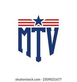 Logotipo patriótico de MTV con correas de estrella y bandera estadounidense. Letra MTV Logo con bandera de EE.UU